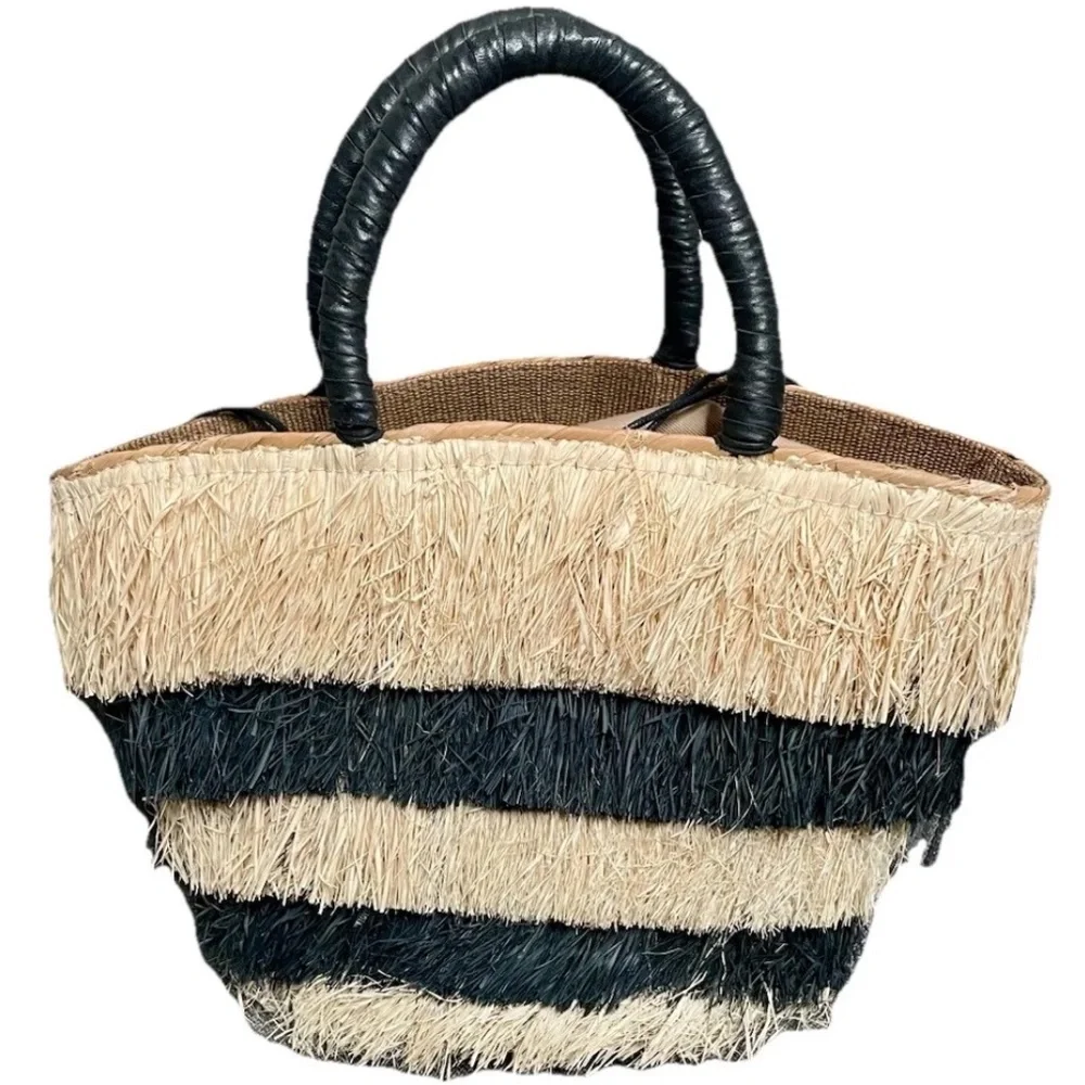 Kayu Two-Tone Straw Mini Tote With Drawstring Closure Natural Black Stripe Bag